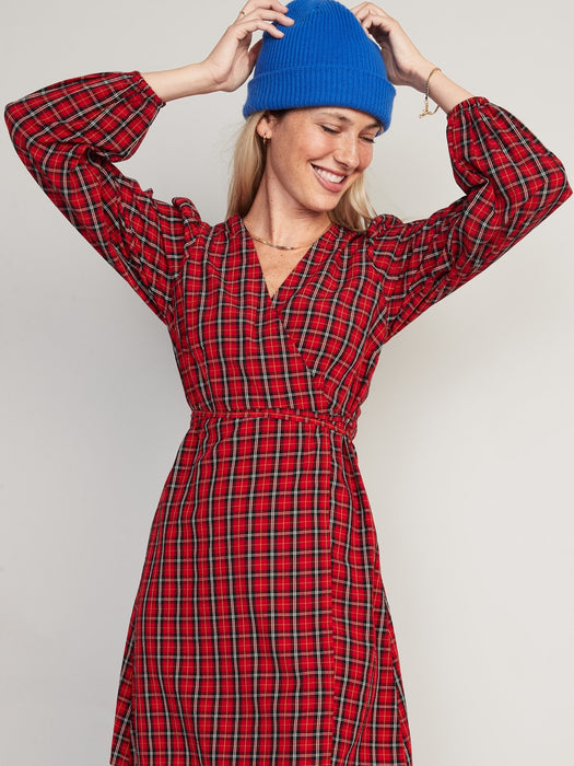 Puff-Sleeve Plaid Seersucker Mini Wrap Dress for Women