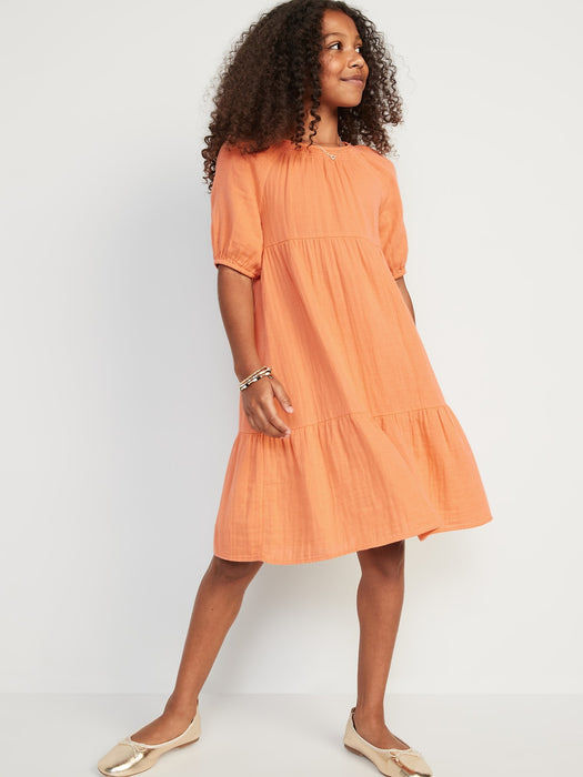 Crepe Puff-Sleeve Tiered Knee-Length Dress for Girls