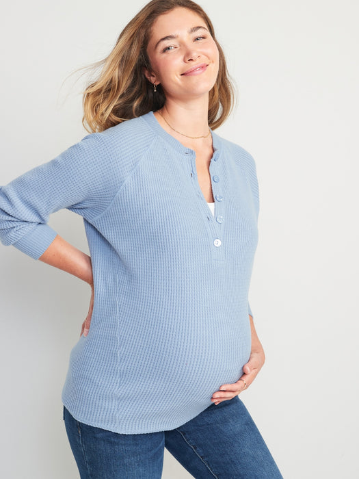 Maternity Thermal-Knit Long-Sleeve Henley Tunic Top for Women - Blue