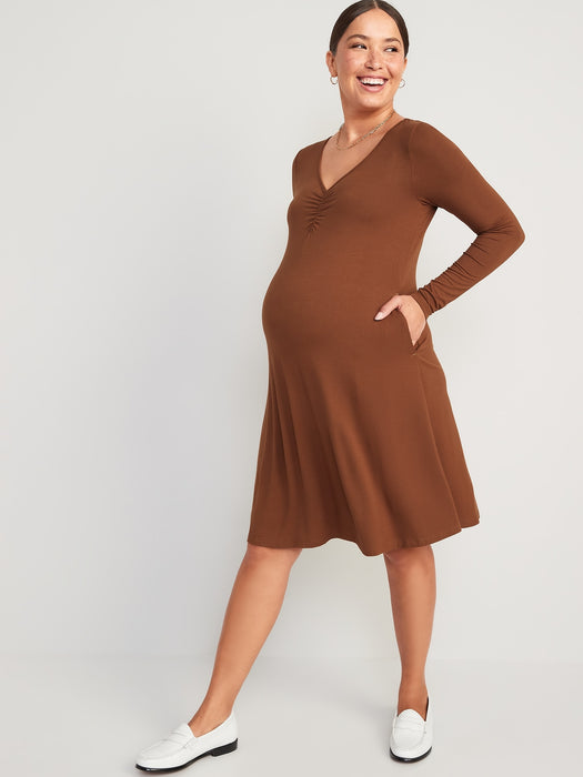 Maternity Cinch-Front Long-Sleeve Jersey Swing Dress