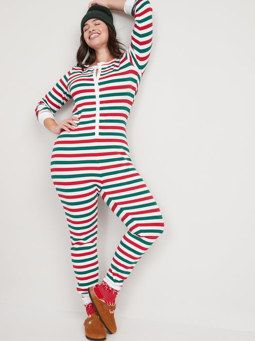 Matching Printed Thermal-Knit One-Piece Pajamas for Women - Green