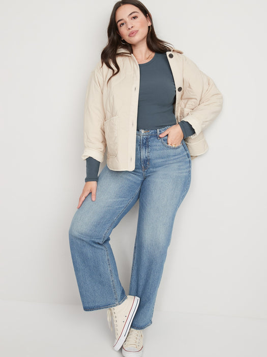 Plush Long-Sleeve Rib-Knit Slim-Fit T-Shirt for Women - Blue