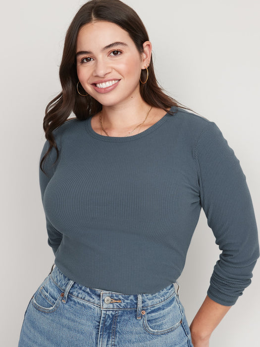 Plush Long-Sleeve Rib-Knit Slim-Fit T-Shirt for Women - Blue