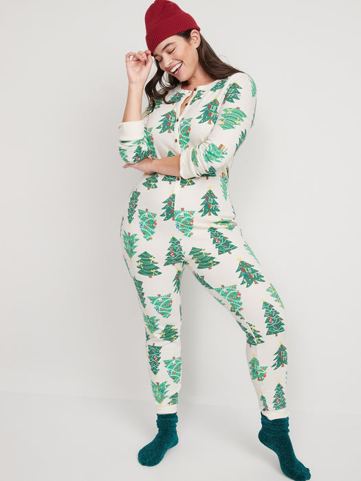 Matching Printed Thermal-Knit One-Piece Pajamas for Women - Multi