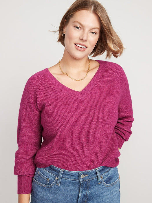 V-Neck Mélange Shaker-Stitch Cocoon Sweater for Women
