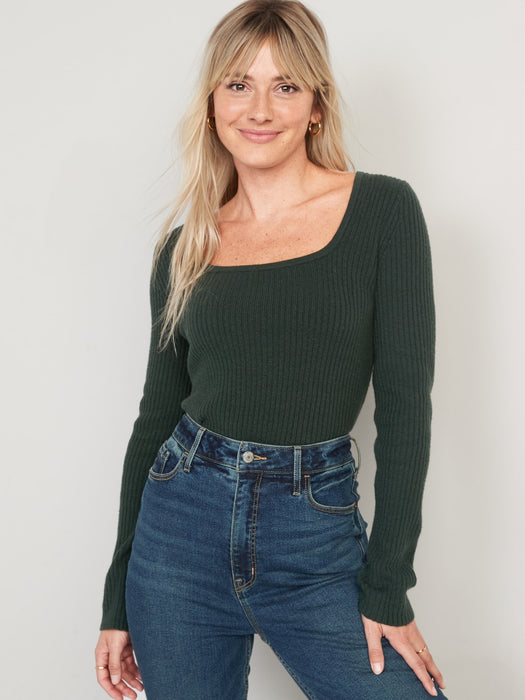Fitted Cropped Square-Neck Rib-Knit Sweater for Women - Green