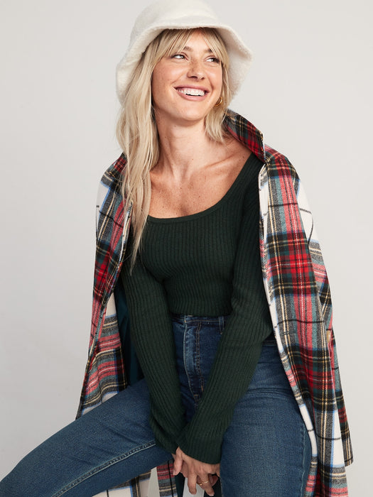 Fitted Cropped Square-Neck Rib-Knit Sweater for Women - Green