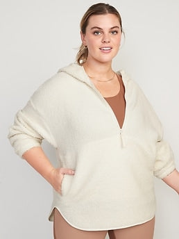 Cozy Sherpa Half-Zip Tunic Hoodie for Women - White
