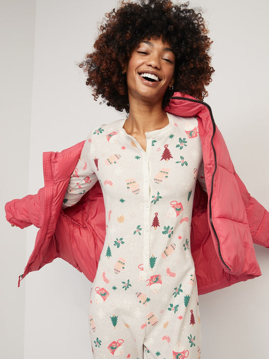 Matching Printed Thermal-Knit One-Piece Pajamas for Women