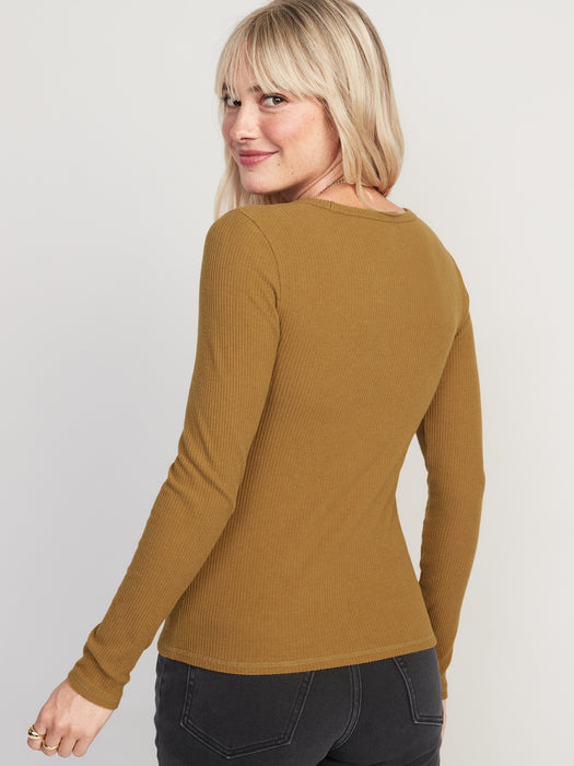 Plush Long-Sleeve Rib-Knit Slim-Fit T-Shirt for Women