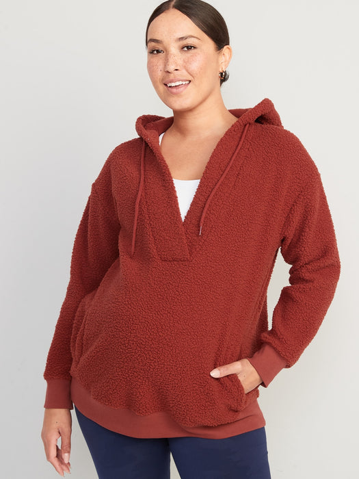 Maternity Sherpa Cross-Front Nursing Tunic Hoodie - Red