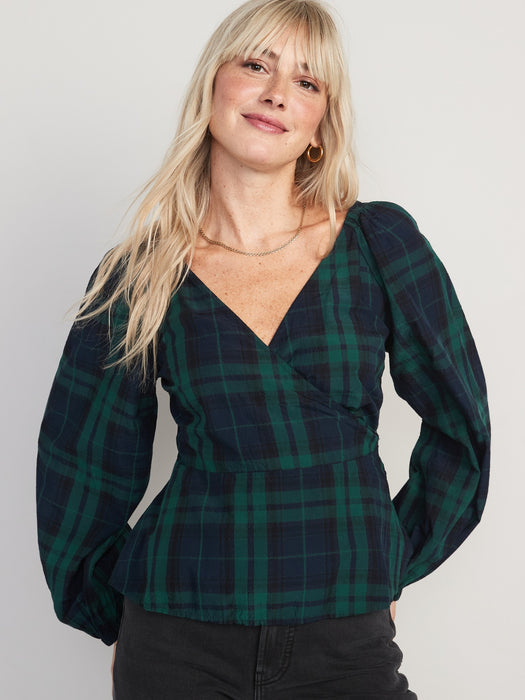 Puff-Sleeve Plaid Smocked Seersucker Wrap Blouse for Women - Blue