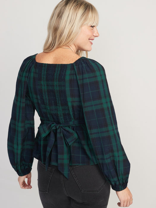 Puff-Sleeve Plaid Smocked Seersucker Wrap Blouse for Women - Blue