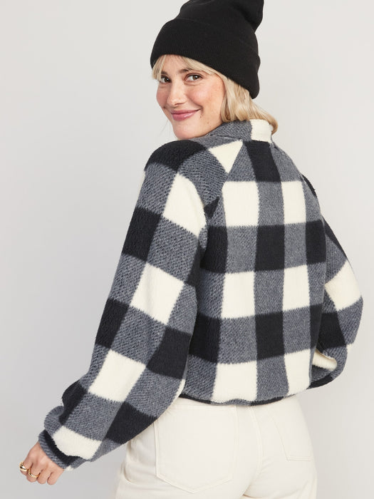 Oversized Buffalo Plaid Logo Sherpa Quarter-Zip Sweatshirt for Women