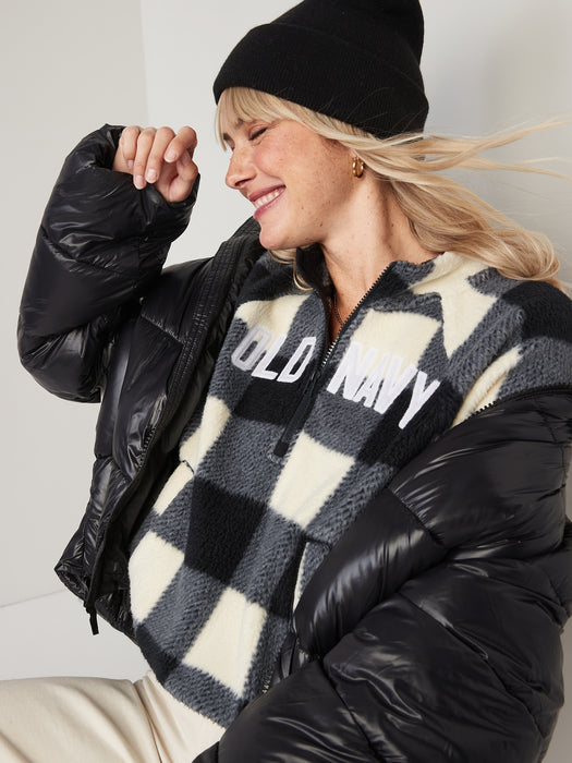 Oversized Buffalo Plaid Logo Sherpa Quarter-Zip Sweatshirt for Women