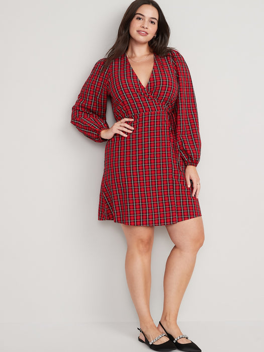 Puff-Sleeve Plaid Seersucker Mini Wrap Dress for Women