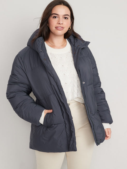 Water-Resistant Hooded Puffer Jacket for Women - Blue
