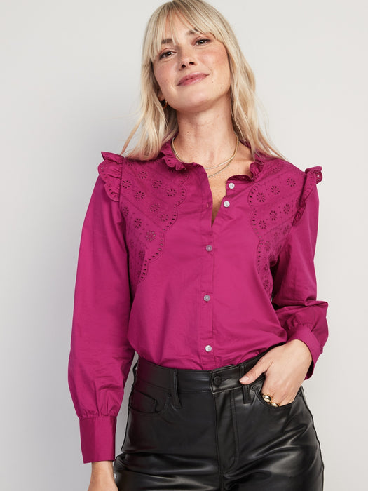 Collarless Ruffle-Trimmed Embroidered Button-Down Shirt for Women