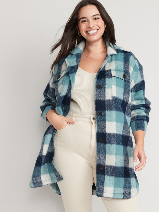 Printed Flannel Long Utility Shacket for Women - Blue