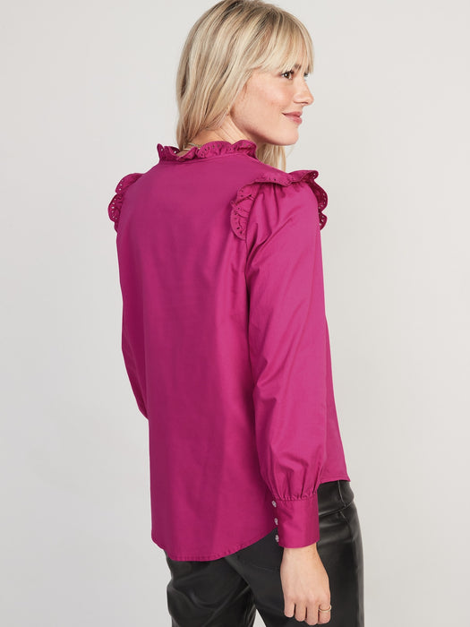Collarless Ruffle-Trimmed Embroidered Button-Down Shirt for Women