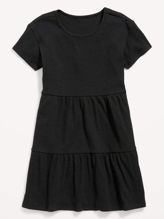Short-Sleeve Rib-Knit Tiered Swing Dress for Girls