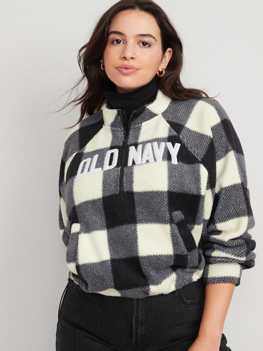 Oversized Buffalo Plaid Logo Sherpa Quarter-Zip Sweatshirt for Women