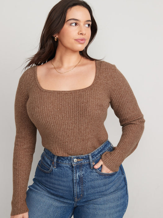 Fitted Heathered Square-Neck Rib-Knit Sweater for Women