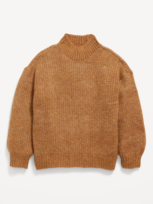 Cozy Mock-Neck Shaker-Stitch Cocoon Sweater for Girls - Brown
