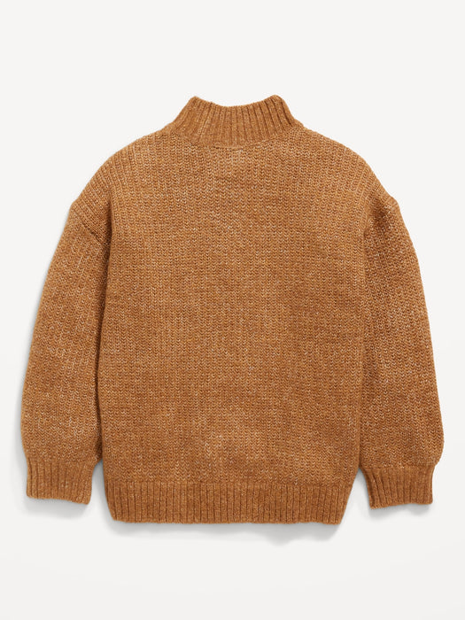 Cozy Mock-Neck Shaker-Stitch Cocoon Sweater for Girls - Brown