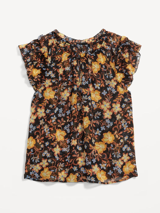 Flutter-Sleeve Printed Smocked Blouse for Women