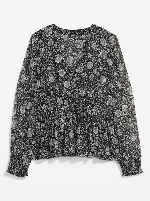 Puff-Sleeve Floral-Print Smocked Tie-Front Blouse for Women