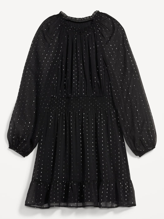 Waist-Defined Metallic Swiss Dot Smocked Mini Dress for Women