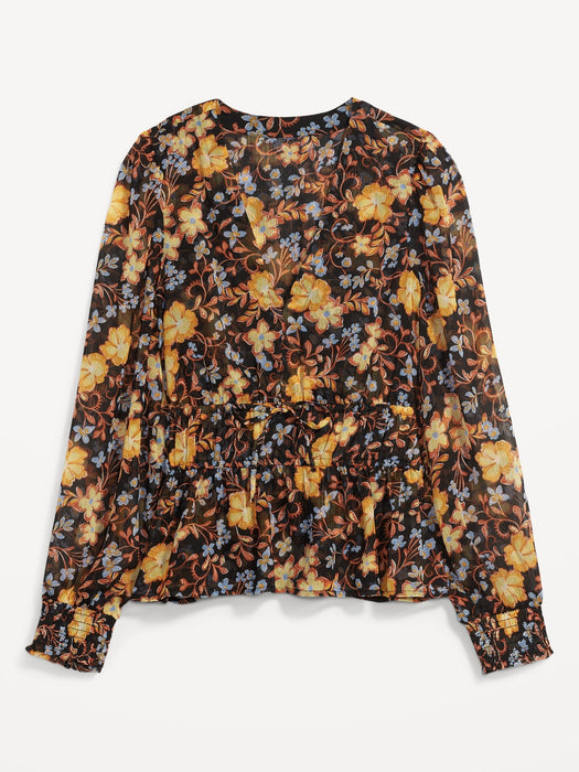 Puff-Sleeve Floral-Print Smocked Tie-Front Blouse for Women