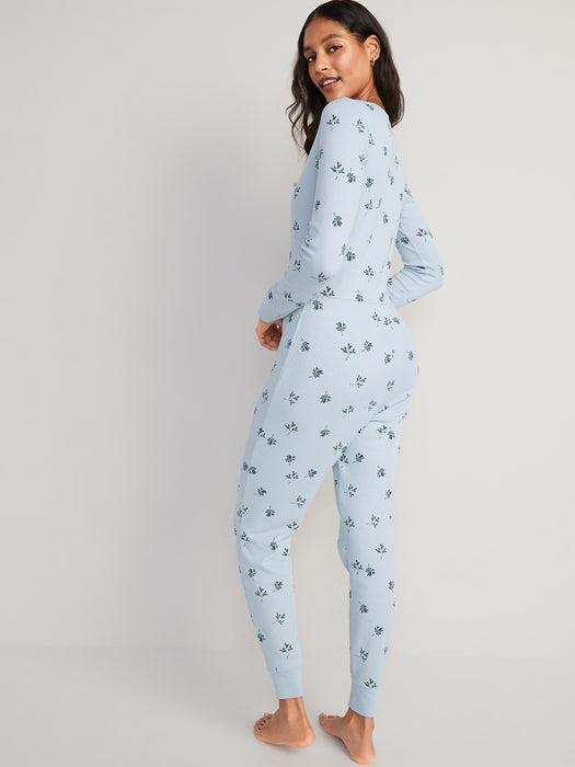 Matching Printed Thermal-Knit One-Piece Pajamas for Women - Multi