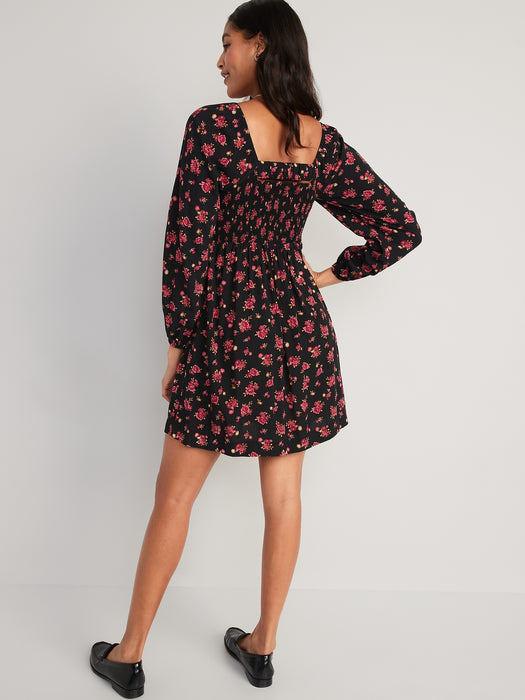 Fit & Flare Puff-Sleeve Floral Smocked Mini Dress for Women - Black