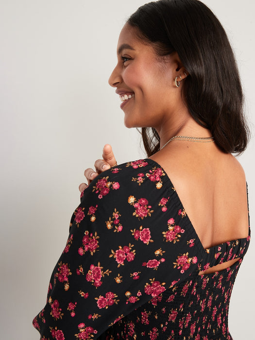 Fit & Flare Puff-Sleeve Floral Smocked Mini Dress for Women - Black