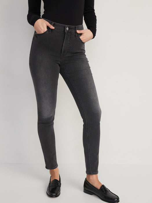 High-Waisted Rockstar Super-Skinny Black-Wash Built-In Warm Jeans for Women - Black