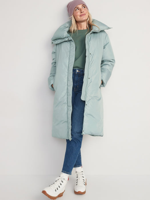 Water-Resistant Long Duvet Puffer Coat for Women