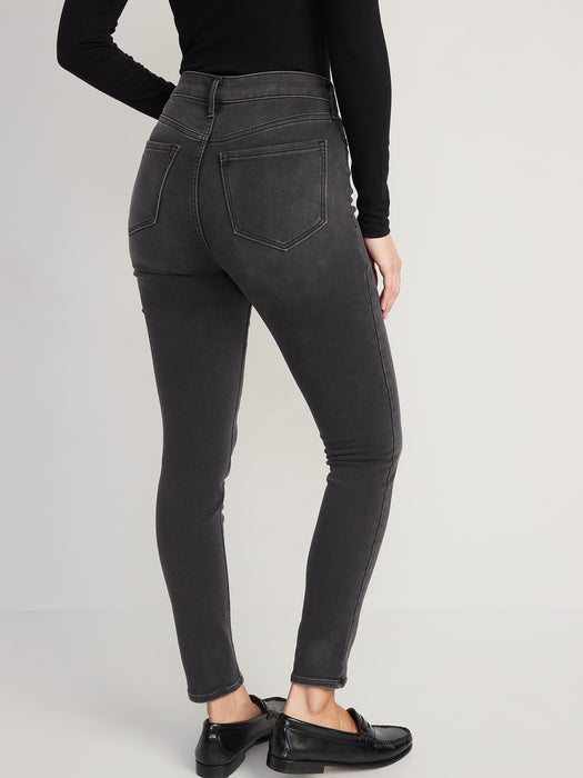High-Waisted Rockstar Super-Skinny Black-Wash Built-In Warm Jeans for Women - Black