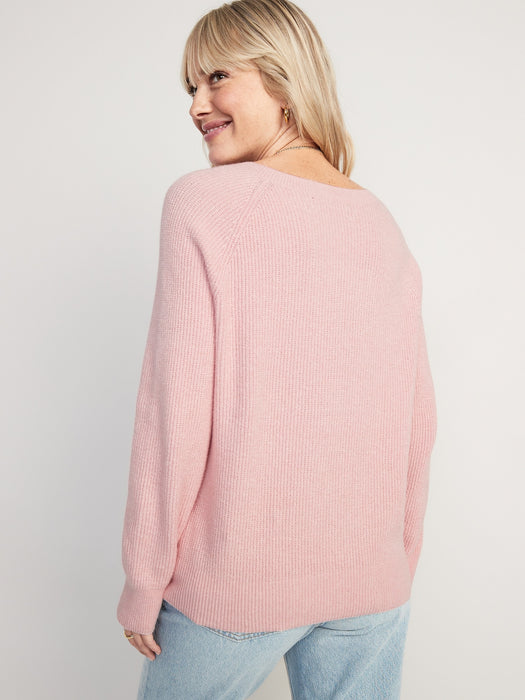 V-Neck Shaker-Stitch Cocoon Sweater for Women - Pink