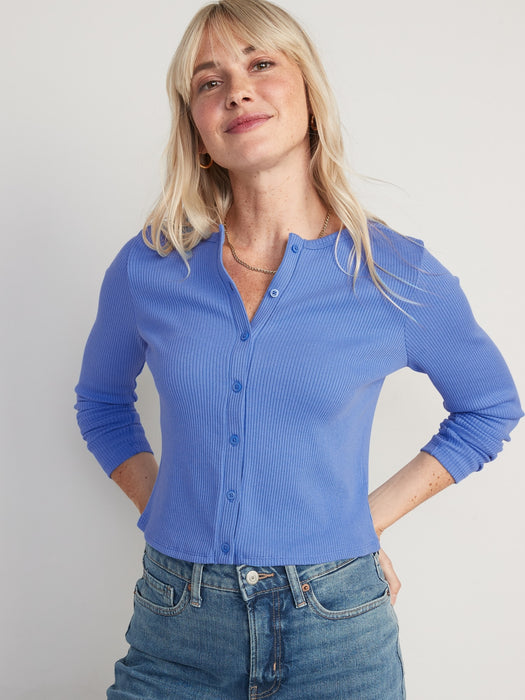 Cropped Rib-Knit Button-Down T-Shirt for Women