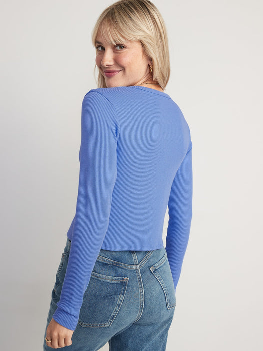 Cropped Rib-Knit Button-Down T-Shirt for Women