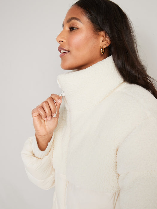 Short Sherpa-Paneled Puffer Jacket for Women - White