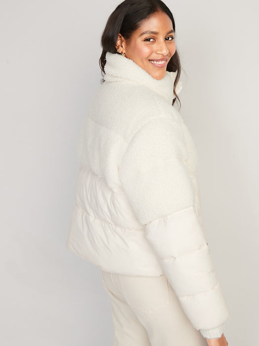 Short Sherpa-Paneled Puffer Jacket for Women - White
