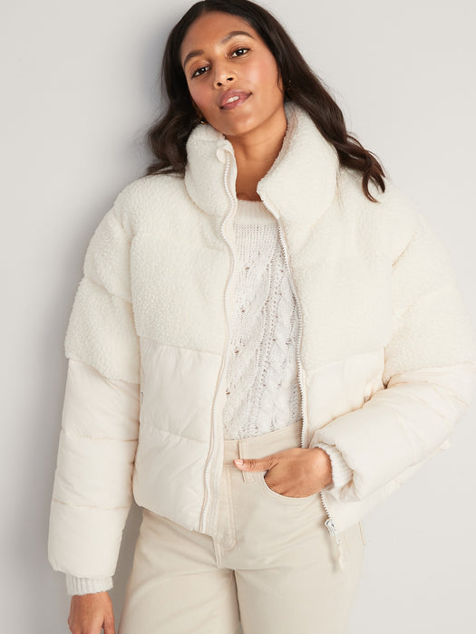 Short Sherpa-Paneled Puffer Jacket for Women - White