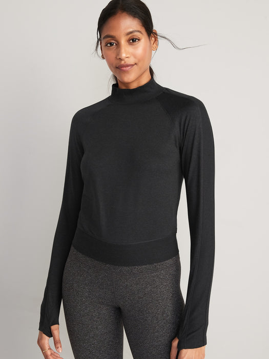 CozeCore Mock-Neck Cropped Rib-Paneled Top for Women