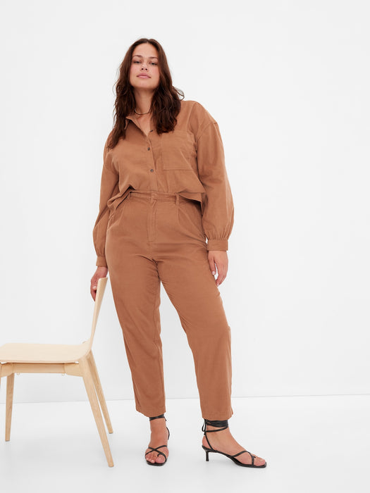 High Rise Pleated Taper Corduroy Pants with Washwell