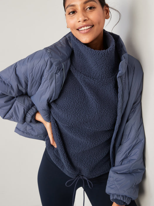 Cropped Sherpa Turtleneck Sweater for Women - Blue