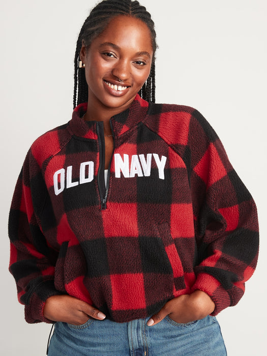 Oversized Buffalo Plaid Logo Sherpa Quarter-Zip Sweatshirt for Women