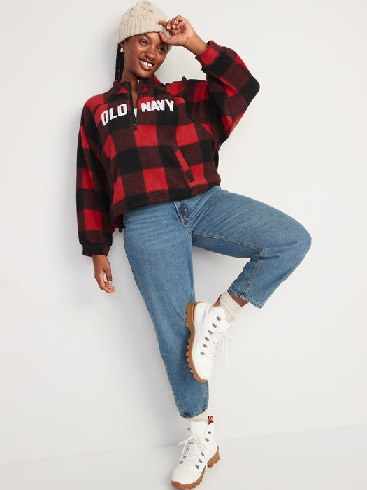 Oversized Buffalo Plaid Logo Sherpa Quarter-Zip Sweatshirt for Women